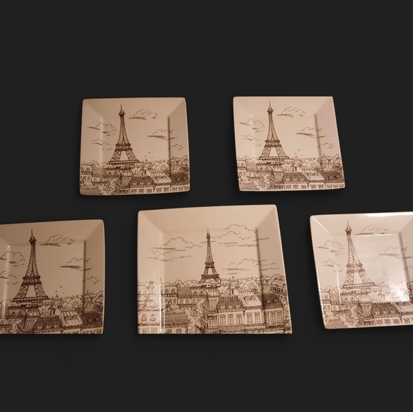 222 Fifth Eiffel Tower Square Dinner Plates - Cream and Brown - Picture 1 of 16